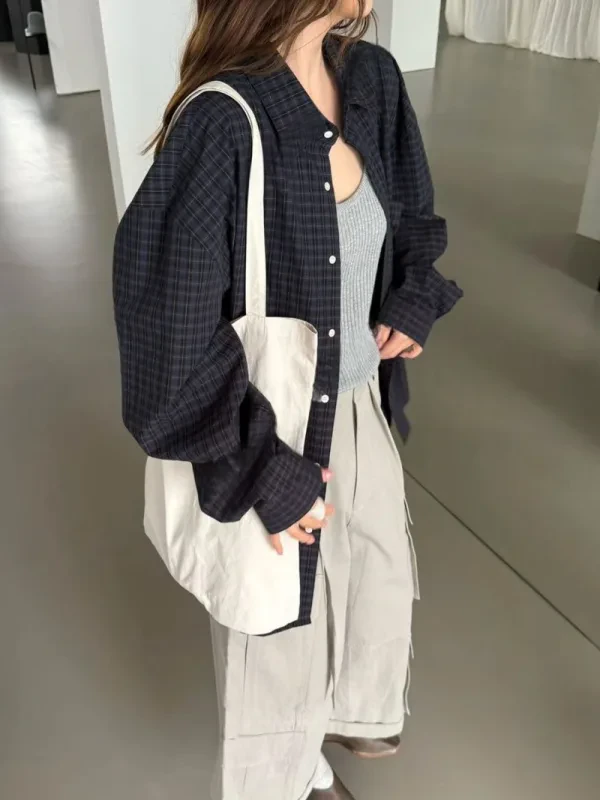 深夜格紋寬版長版襯衫