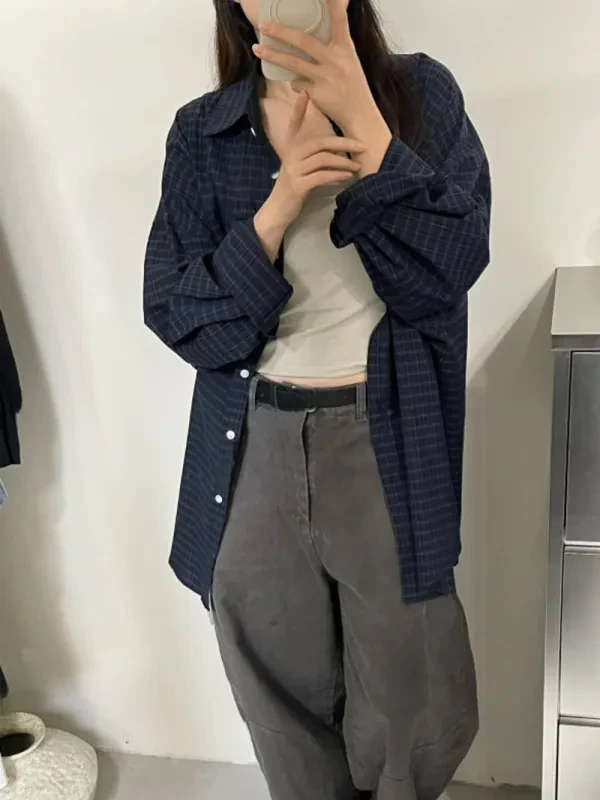 深夜格紋寬版長版襯衫