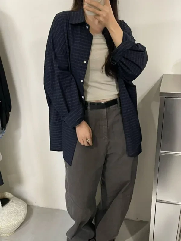 深夜格紋寬版長版襯衫