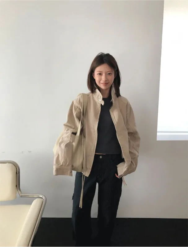 暖砂工裝立領抽繩外套